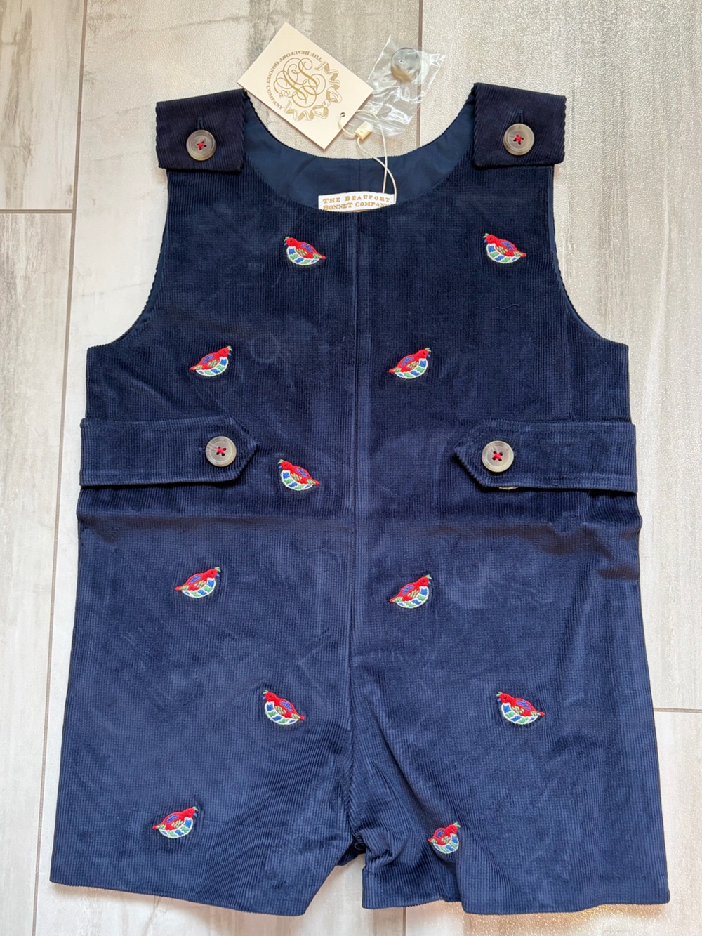NWT TBBC Classic Navy Corduroy Quail Embroidered Jon Jon Romper Toddler Boys 2T